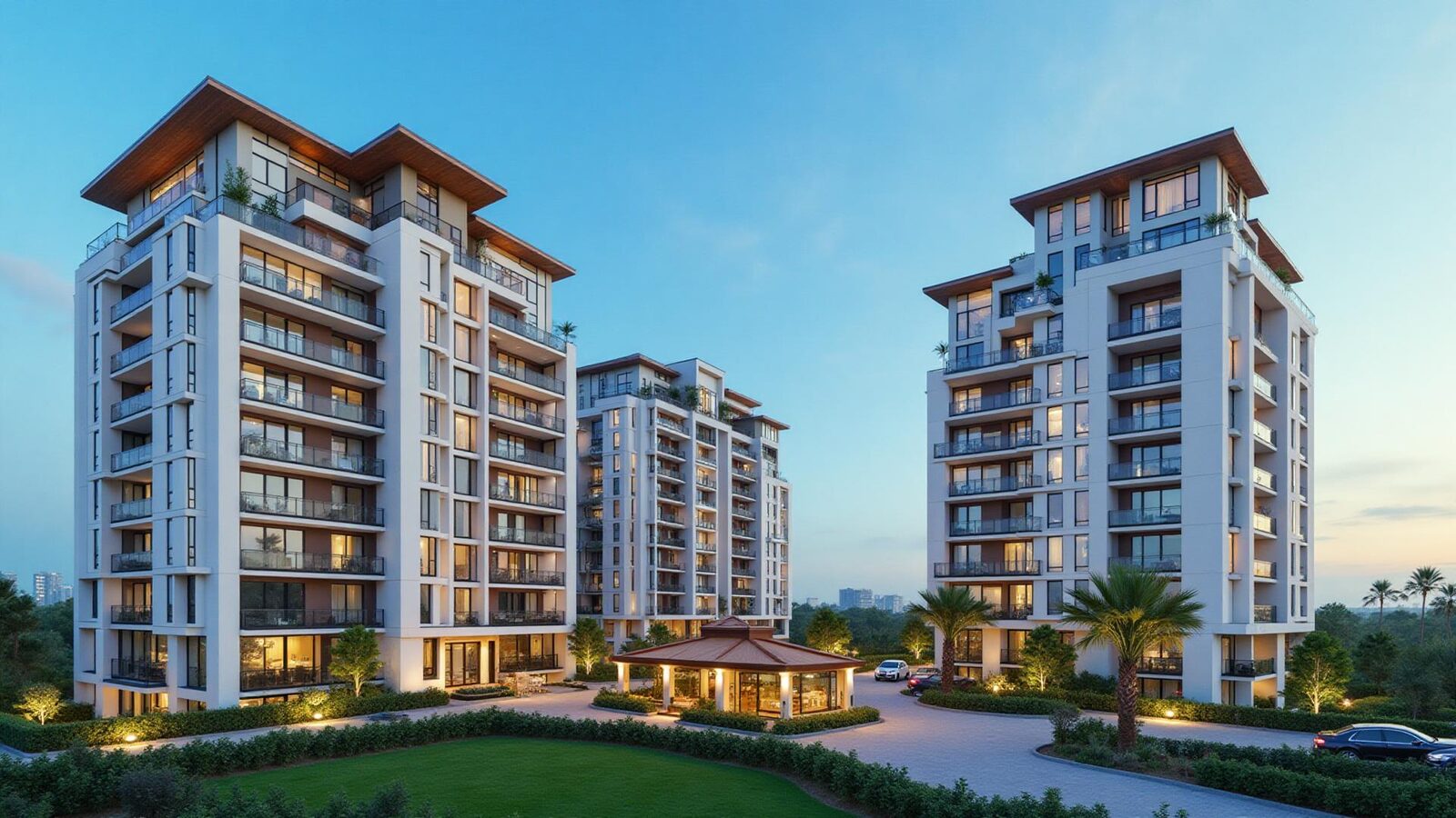 Modern apartment buildings representing real estate property management