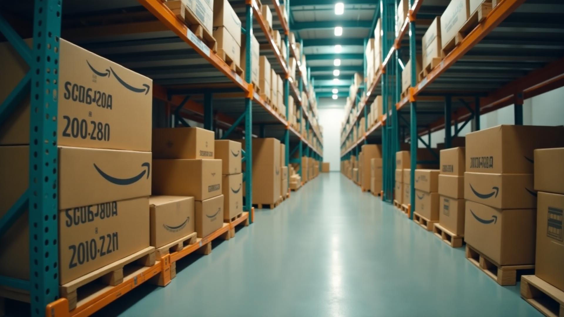E-commerce warehouse with Amazon packages and inventory